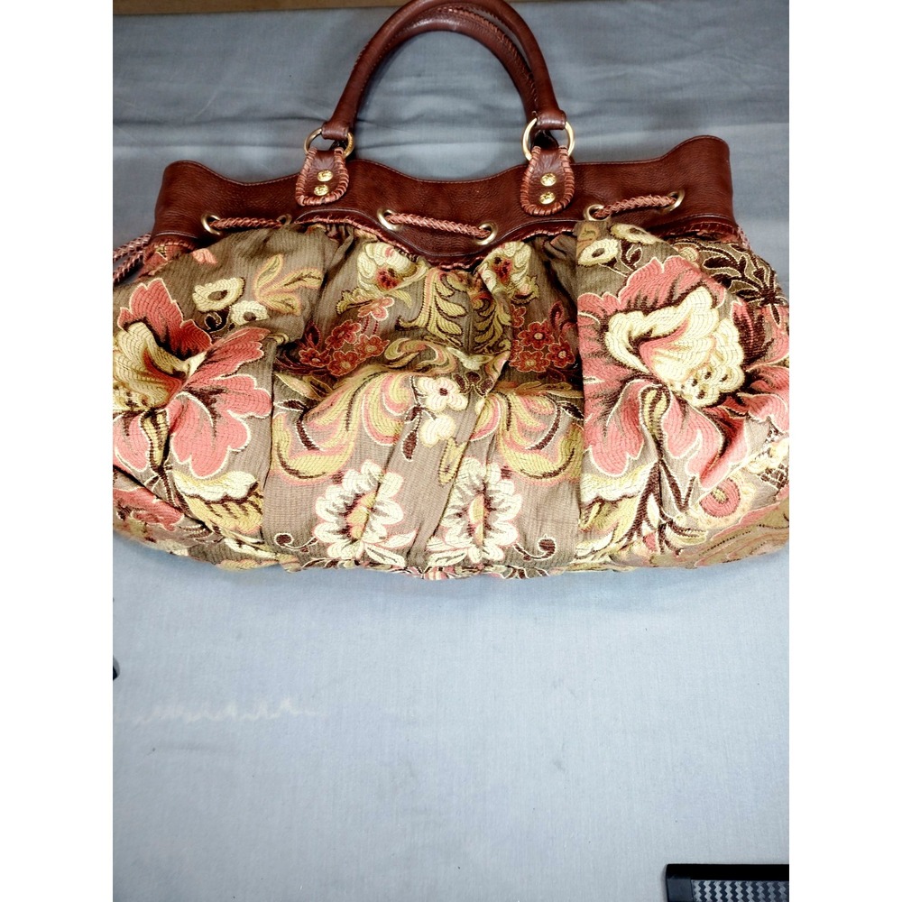 Isabella Fiore Floral Tapestry Satchel Handbag Brown Leather Trim Boho VTG Purse - Picture 10 of 16